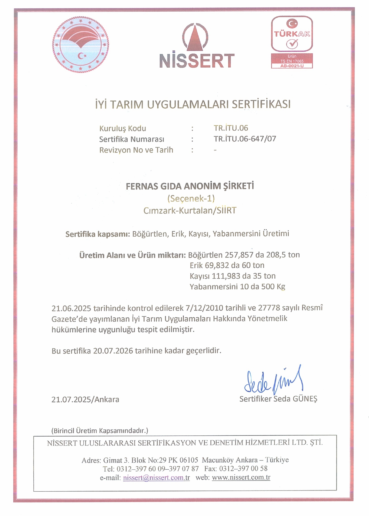 2025 üretim sezonu İyi Tarım Uygulamaları Sertifika